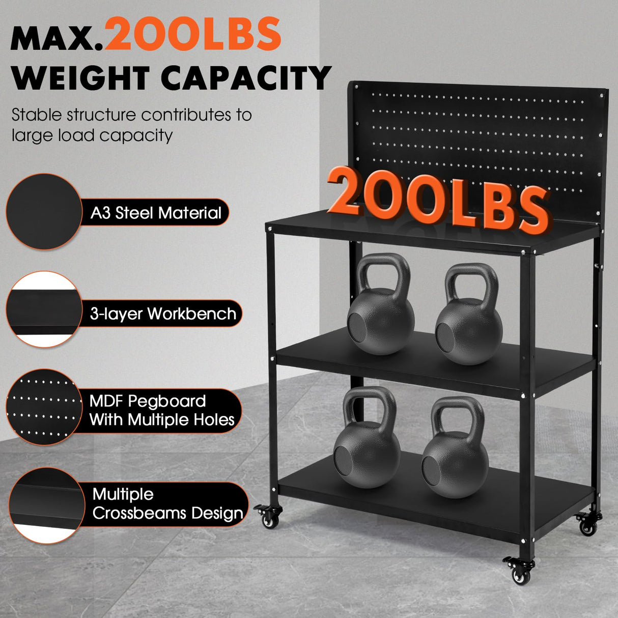 OLBRUS 50.4 X 33.4 Inch Workbench,Heavy Duty 200LBS Steel Work Bench with Pegboard and Lockable Wheels, Rolling Tool Storage Work Table for Garage Workshop Warehouse (50.4" X 33.4") OLBRUS