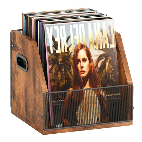 Homeiju Vinyl Record Storage, Record Box Case Crate, Vinyl Record Album Holder, Desktop Metal & Wooden LP Record Crate, Holds up to 60 Records（Patent No.D1024563 Homeiju