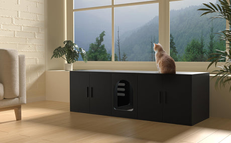 Amunrbrek Double Litter Box Enclosure, Litter Box Enclosure for 2 Litter Boxes, Modern Litter Box Furniture for 2 Cats, with Cat Door & Motion Light (Black) amunrbrek