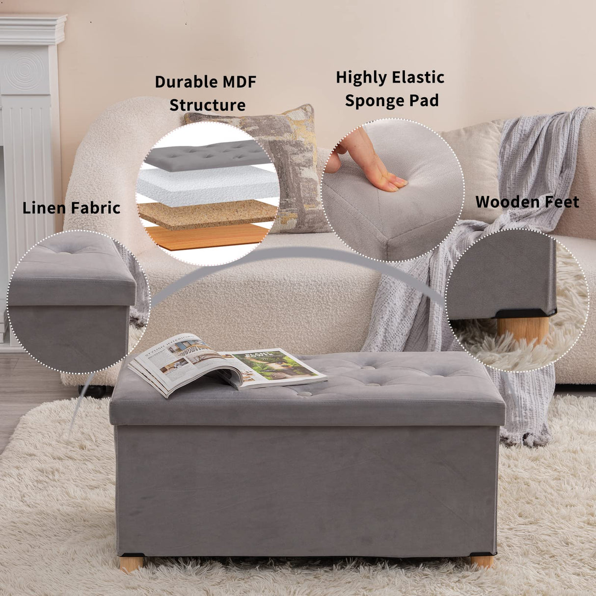 BRIAN & DANY 30 Inches Folding Storage Ottoman Bench, Ottoman with Storage for Living Room, with Wooden Feet and Lid, Grey BRIAN & DANY