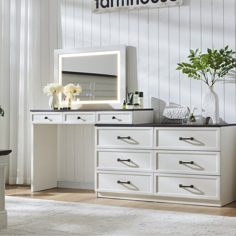 Aitjunz 69" W Big Vanity Desk with Glass Top, Farmhouse Makeup Table with 9 Large Storage Drawers, Rustic Wood Bedroom Dressing Table w/3 Color Available Light & 30" HD Led Mirror,White Aitjunz