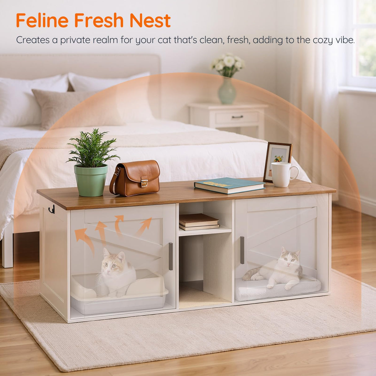 HOOBRO Double Litter Box Enclosure, Modern Cat Litter Box Furniture with Storage and Mat Design, Farmhouse Hidden Litter Box Enclosure with 2 Hooks, White and Walnut WH23MW01 HOOBRO