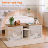 HOOBRO Double Litter Box Enclosure, Modern Cat Litter Box Furniture with Storage and Mat Design, Farmhouse Hidden Litter Box Enclosure with 2 Hooks, White and Walnut WH23MW01 HOOBRO