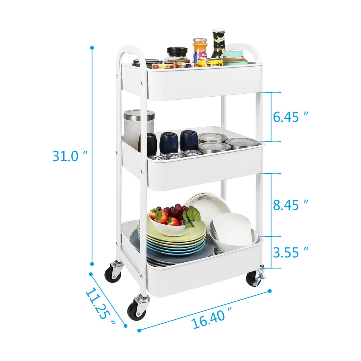 MAX Houser 3-Tier Rolling Utility Cart with Caster Wheels,Easy Assembly, for Kitchen, Bathroom (White) MAX Houser