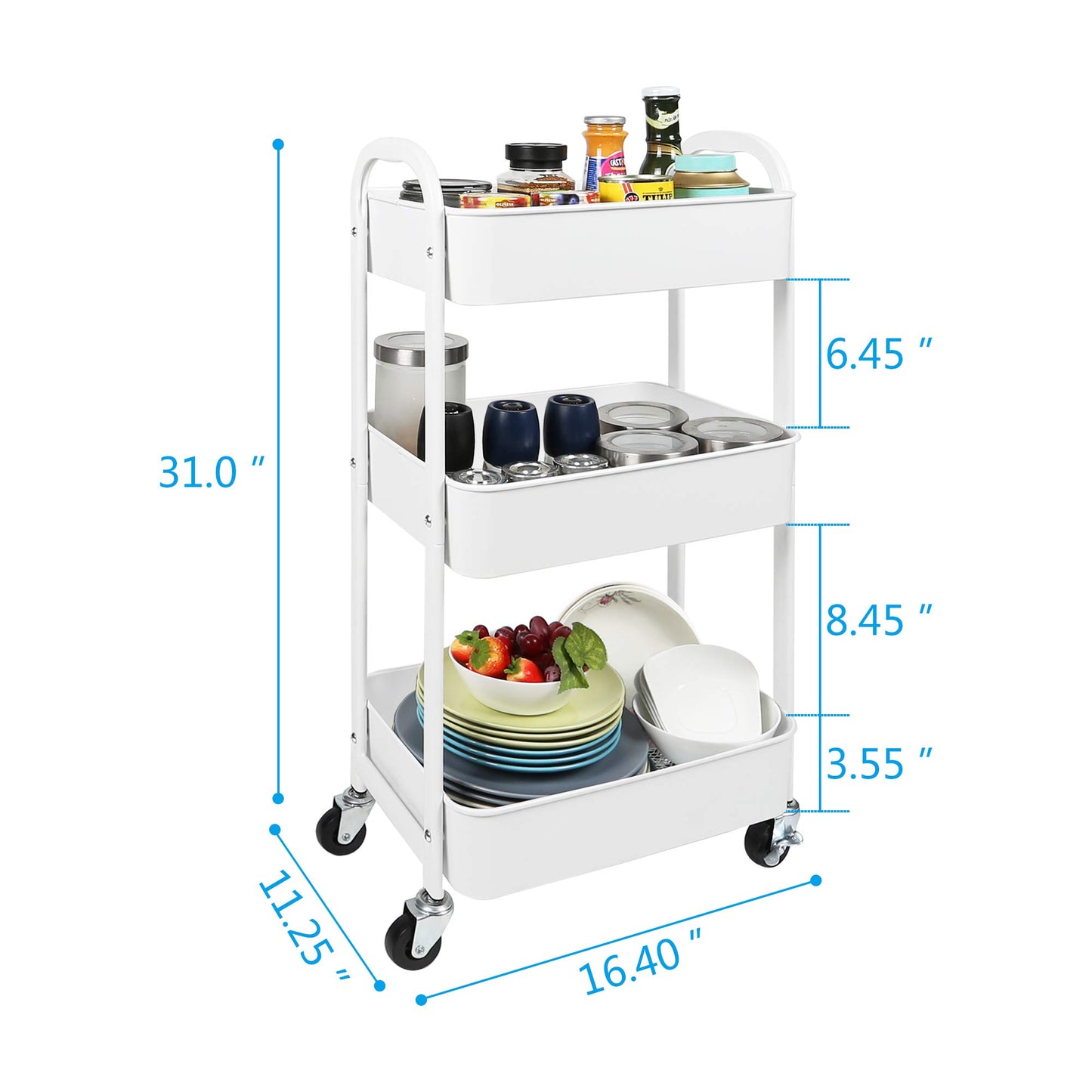 MAX Houser 3-Tier Rolling Utility Cart with Caster Wheels,Easy Assembly, for Kitchen, Bathroom (White)