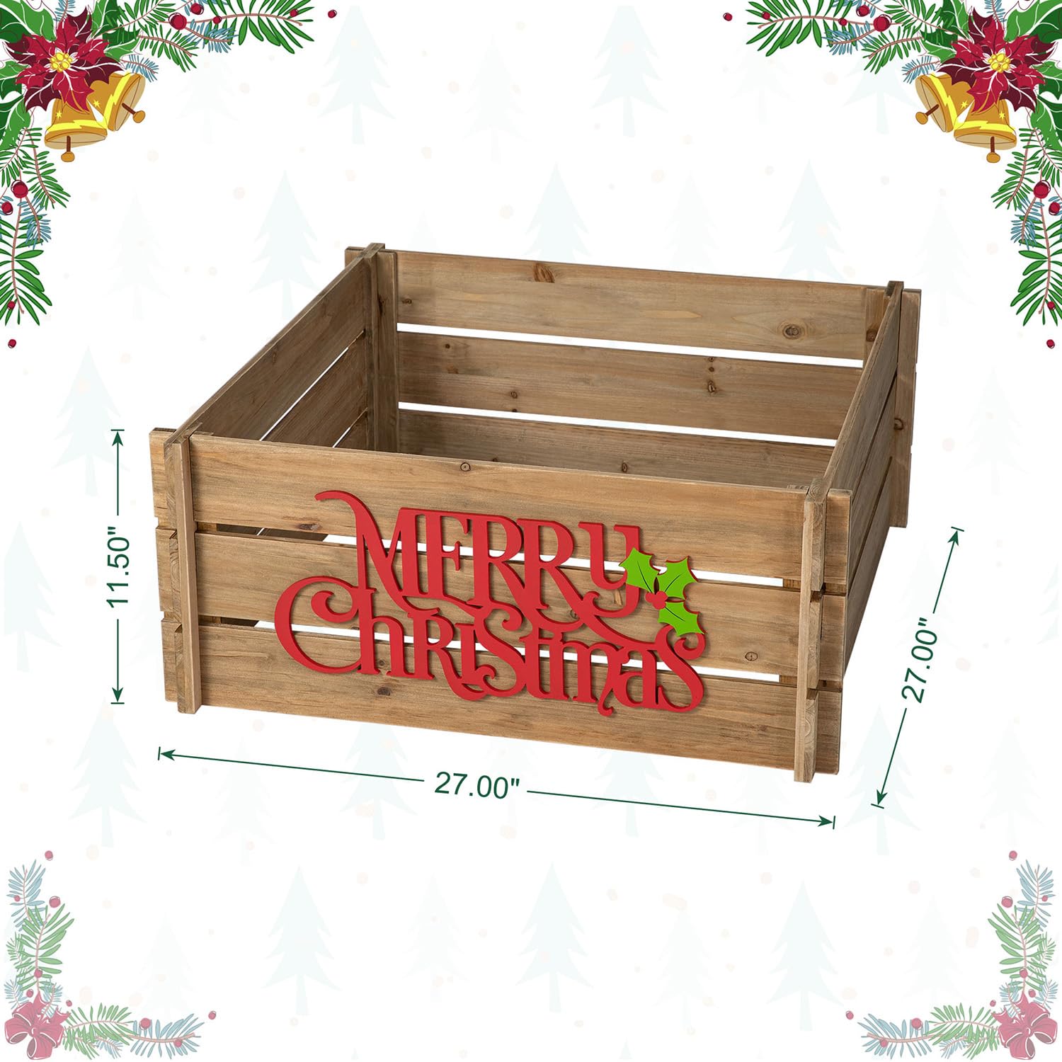 Glitzhome 27" L Wooden Crate Tree Collar, Natural Wooden Merry Christmas Christmas Tree Base Cover Farmhouse Tree Box Decorative Christmas Tree Skirt - WoodArtSupply