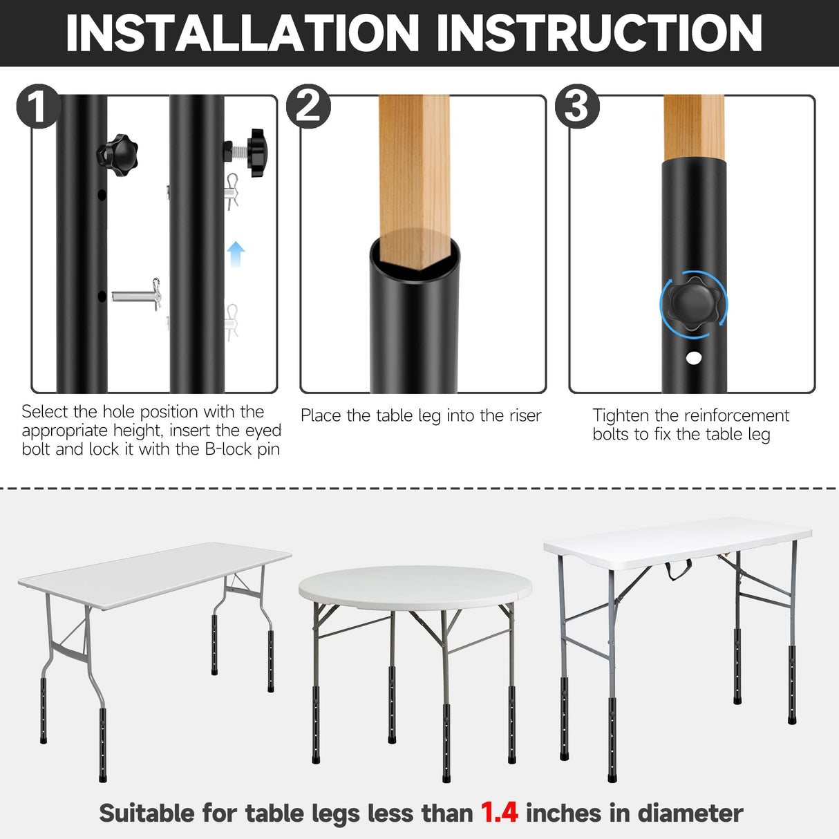 (4-Pack) Folding Table Leg Extenders, Highly Durable Steel Folding Table Leg Risers, Table Leg Extensions for Straight and Bent Legs, Adjustable Table Height Extenders for Rise 3.6in/5.2in Laowu