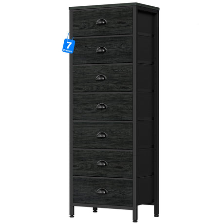 Furnulem Bedroom Dresser, Tall Dressers & Chests of Drawers with 7 Fabric Bins, Black Dresser Organizer in Closet,Dorm,Living Room,Nursery,Hallyway-Storage Tower Unit Sturdy Steel Frame, Black Oak Furnulem