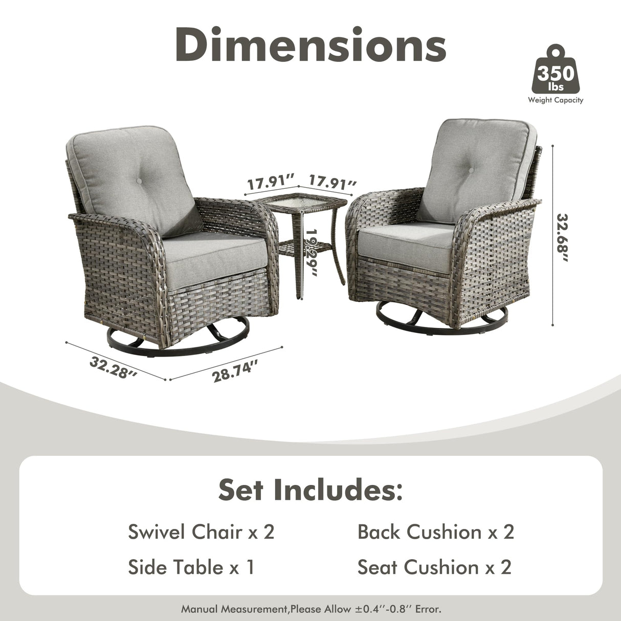 CAODOC 3-Piece Swivel Rocking Rattan Chair Outdoor, Patio Bistro Furniture Conversation Set, Wicker Chair with Coffee Table Dark Gray CAODOC