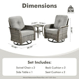 CAODOC 3-Piece Swivel Rocking Rattan Chair Outdoor, Patio Bistro Furniture Conversation Set, Wicker Chair with Coffee Table Dark Gray CAODOC