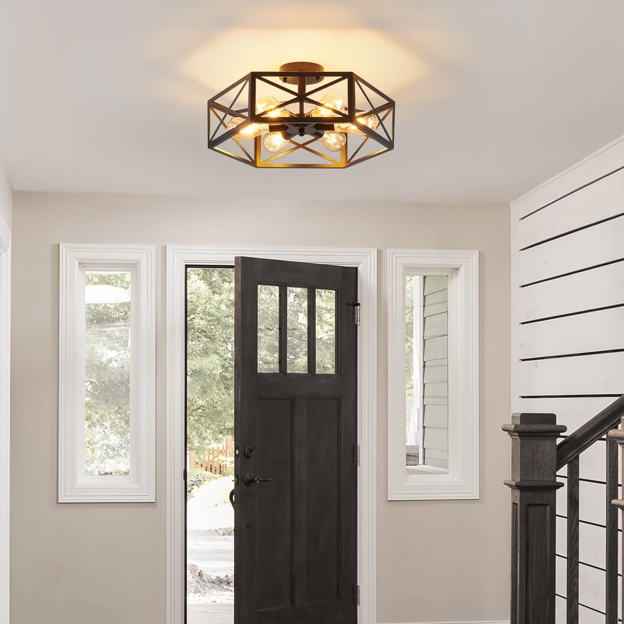 XSDeTu Industrial Semi Flush Mount Ceiling Light, 6 Light Modern Metal Close to Ceiling Light Fixture, Farmhouse Light Fixtures Ceiling Mount, Black Chandelier for Kitchen, Dining Room, Hallway XSDeTu