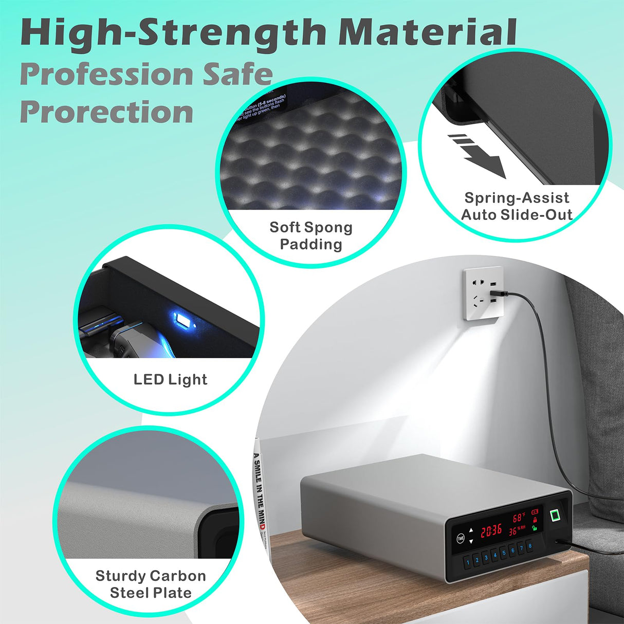 QINGENO Smart Gun Safe with Security Cable - Biometric Pistol Safe for 2 Handgun 3 Ways Quick Access with Fingerprint/Keypad/Key, for Nightstand Bedside Home with LCD and Voice Guide (Grey) QINGENO