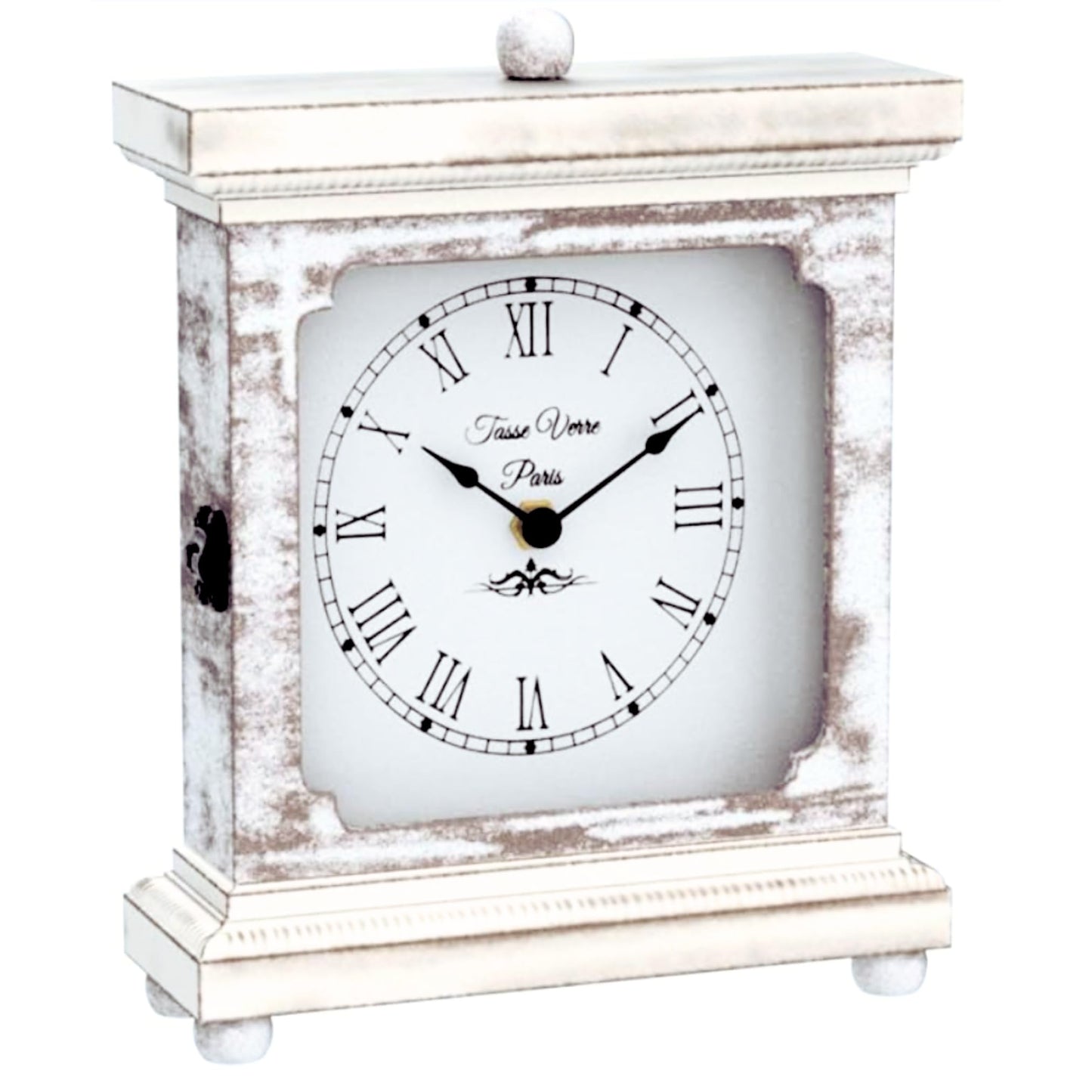 Tasse Verre Rustic Shelf Clock (Quiet) for Living Room Mantel, Table, Or Desk 9" X 7" Farmhouse Decor Distressed White Washed Wood Silent - Office Fireplace. AA Battery Operated Non-Digital,  - WoodArtSupply