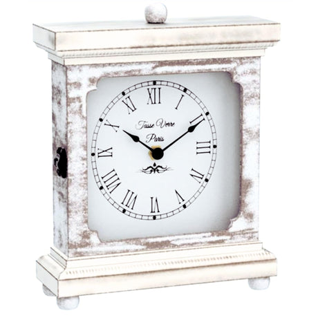 Tasse Verre Rustic Shelf Clock (Quiet) for Living Room Mantel, Table, Or Desk 9" X 7" Farmhouse Decor Distressed White Washed Wood Silent - Office Fireplace. AA Battery Operated Non-Digital, Tan Tasse Verre