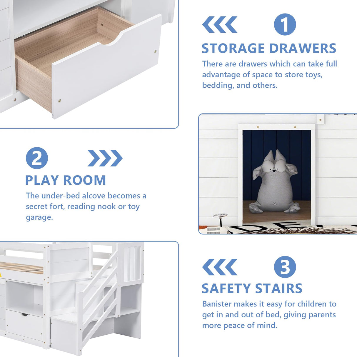 Twin Low Loft Bed for Kids, Twin Size Solid Frame with Drawer and Stairs, Modern Space-Saving Bed, Loft Bed with Storage, Strong Wood Slats Support, Under-Bed Playroom, No Box Spring Needed (White) Lyngins