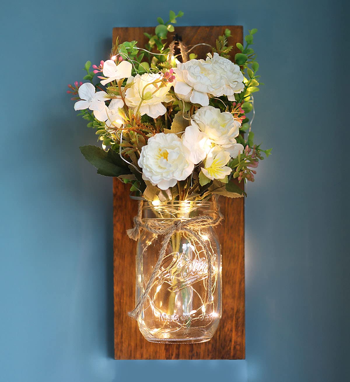 Rustic Home Decor Mason Jar Wall Sconces, Timer Led Fairy Lights and Flowers, Handmade Wood Art Goods Decor, Farmhouse Wall Decorations for Bathroom and Living Room - Set of 2 OCTMUSTARD