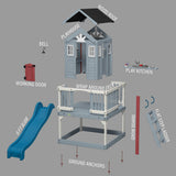 Backyard Discovery Beacon Heights Elevated Cedar Playhouse, Play kitchen, Powered Blender, Working Bell, 6 ft Wave Slide, Wrap-Around Deck, Flat Step Ladder, Growth Chart Backyard Discovery