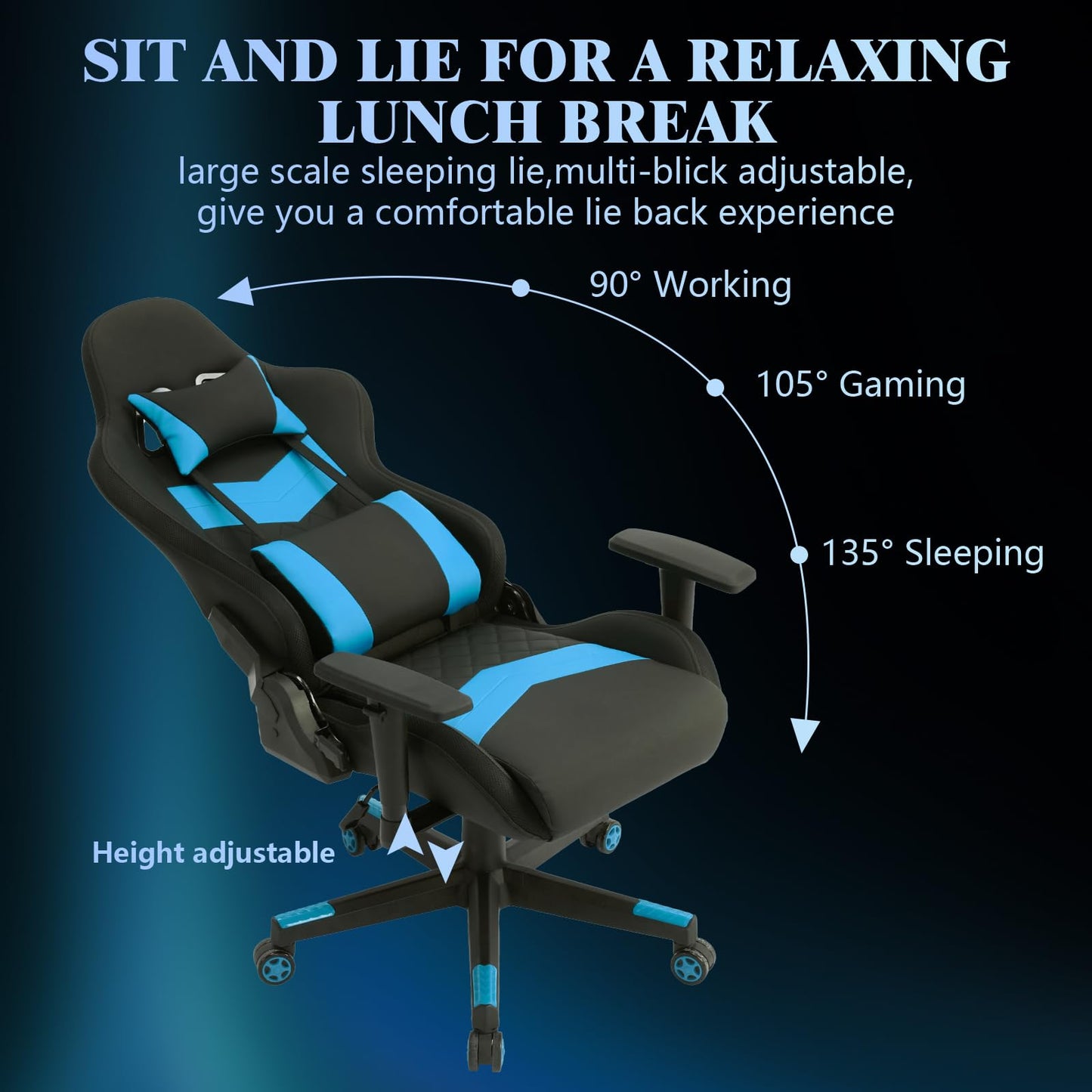 Computer Gaming Chair with LED Lights, RGB Video Gaming Chair with Comfortable Leather and High Back, Gaming Chair with Adjustable Lumbar Support for Adults and Teens（Blue）