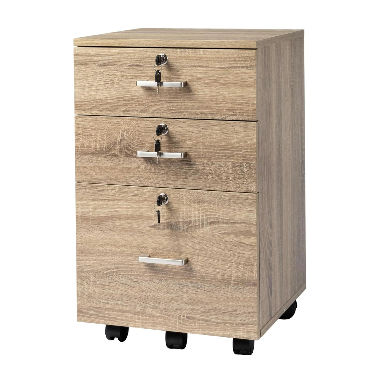 VINGLI 3-Drawer File Cabinet with Lock, Wood Rolling File Cabinet Under Desk File Cabinets for Home Office, Mobile Printer Stand & File Cabinet for Letter Sized Files, 26" H(Caster Included), Oak VINGLI