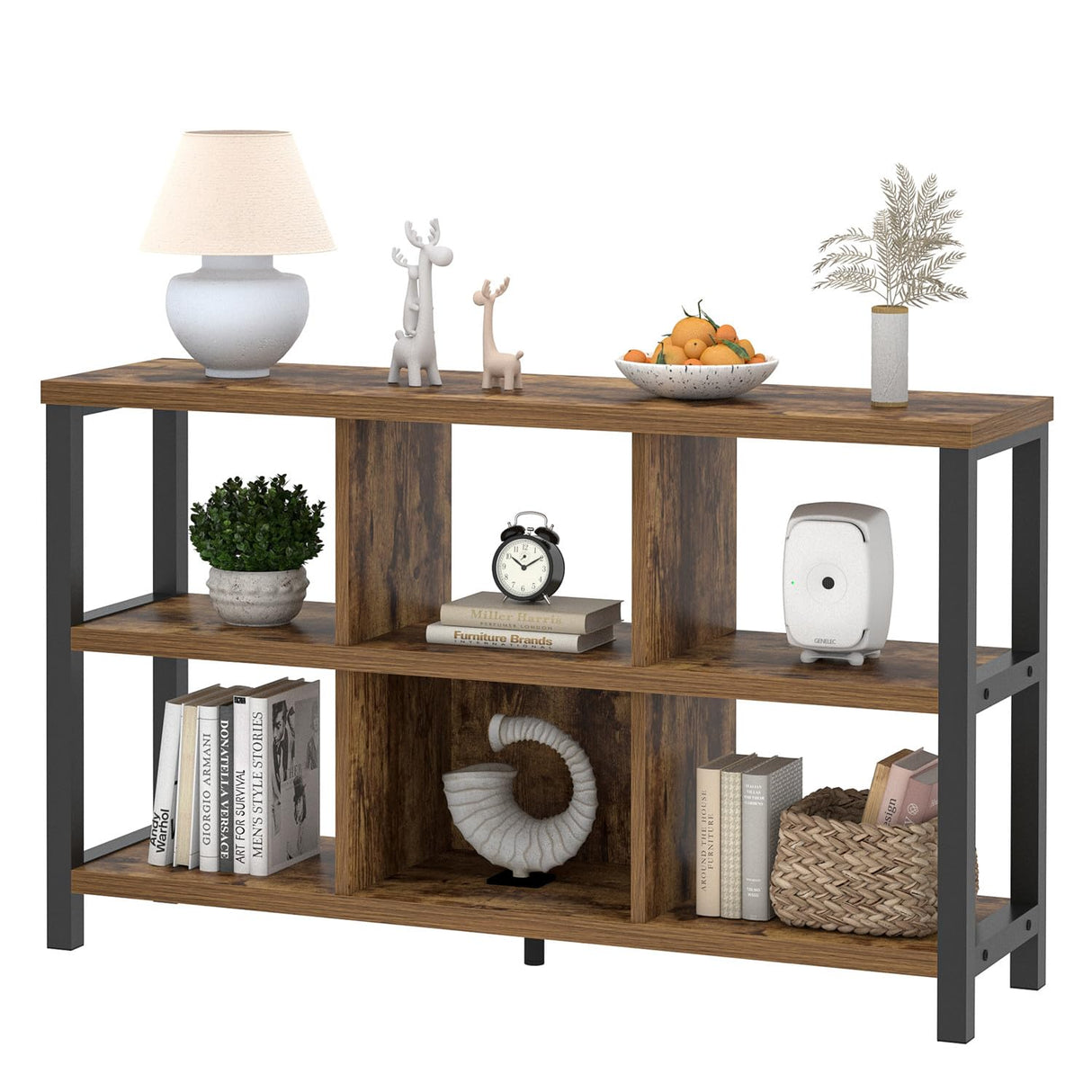 FOLUBAN Industrial Horizontal Bookshelf, 6 Cube Storage Organizer with Shelf, Wood and Metal Cubby Bookcase for Living Room Bedroom, Rustic Brown, 47 Inch FOLUBAN