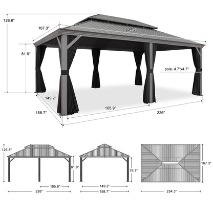 PURPLE LEAF 14' x 20' Outdoor Hardtop Gazebo with Netting and Curtains Galvanized Steel Double Roof and Aluminum Frames Permanent Wind Resistance Pavilion Gazebo for Patio Deck Garden, Light  - WoodArtSupply