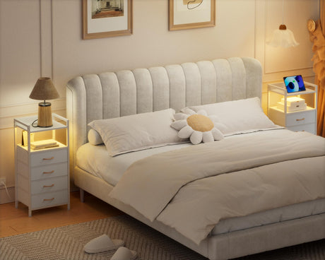 Furnulem White LED Nightstand with 4 Drawers, Charging Station, and Sturdy Metal Frame Furnulem