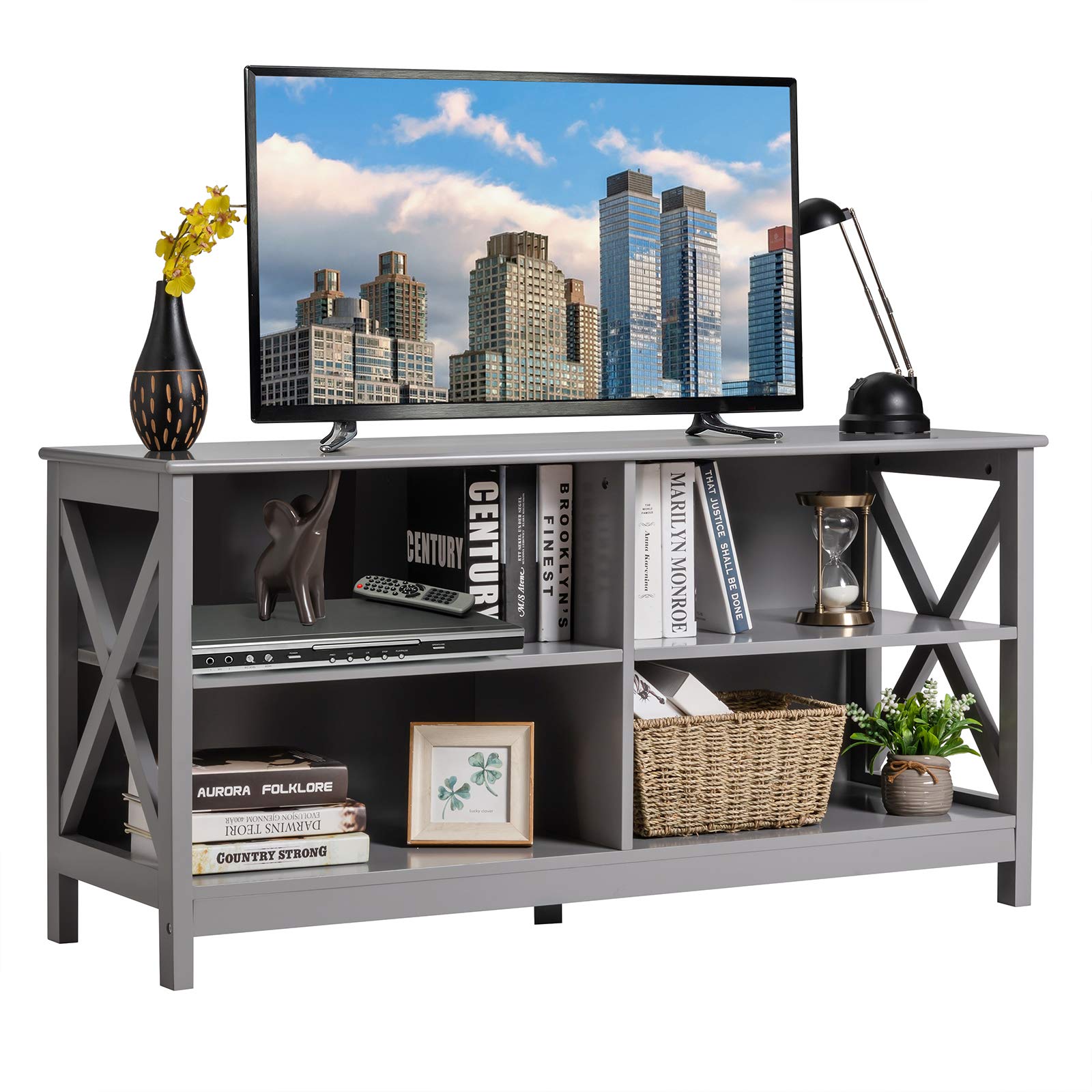 Tangkula TV Stand for TVs up to 55 Inches, 47" Farmhouse Entertainment Center with 4 Open Shelves & Built-in Cable Holes, TV Console Table with X-Shaped Frame for Living Room (Grey) - WoodArtSupply