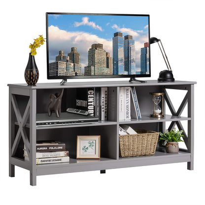 Tangkula TV Stand for TVs up to 55 Inches, 47" Farmhouse Entertainment Center with 4 Open Shelves & Built-in Cable Holes, TV Console Table with X-Shaped Frame for Living Room (Grey) - WoodArtSupply