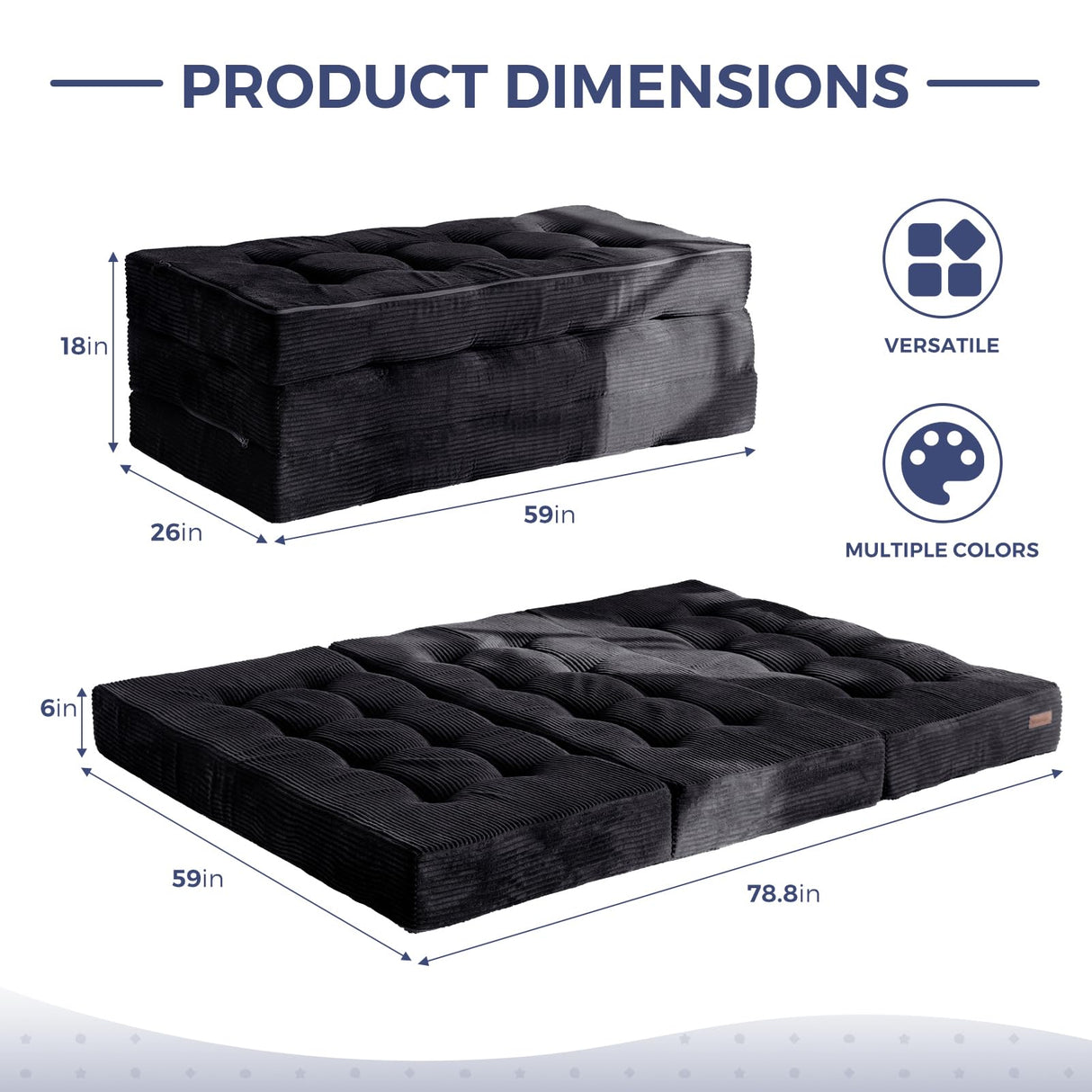 MAXYOYO Tri-Fold Mattress, 6 Inch Tufted Folding Futon Foam Bed, Foldable Floor Mattress Guest Bed Futon Topper Portable Camping Sleeping with Corded Fabric, Black, 59"x79" MAXYOYO