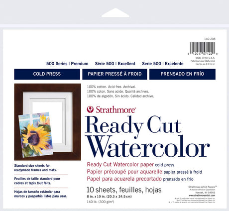 Strathmore 140-208 Ready Cut Watercolor, Cold Press, 8" x 10", White, 10 Sheets Strathmore