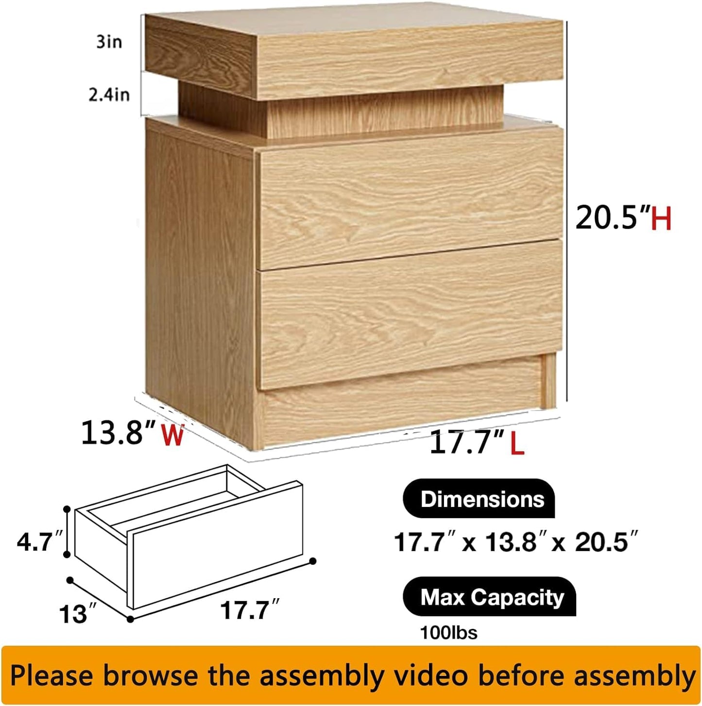 HOMMPA LED Nightstand Wood Bedside Table with Led Lights Modern LED Night Stand with 2 Drawers Smart Nightstand Matte Night Table for Bedroom 20.5" Tall - WoodArtSupply