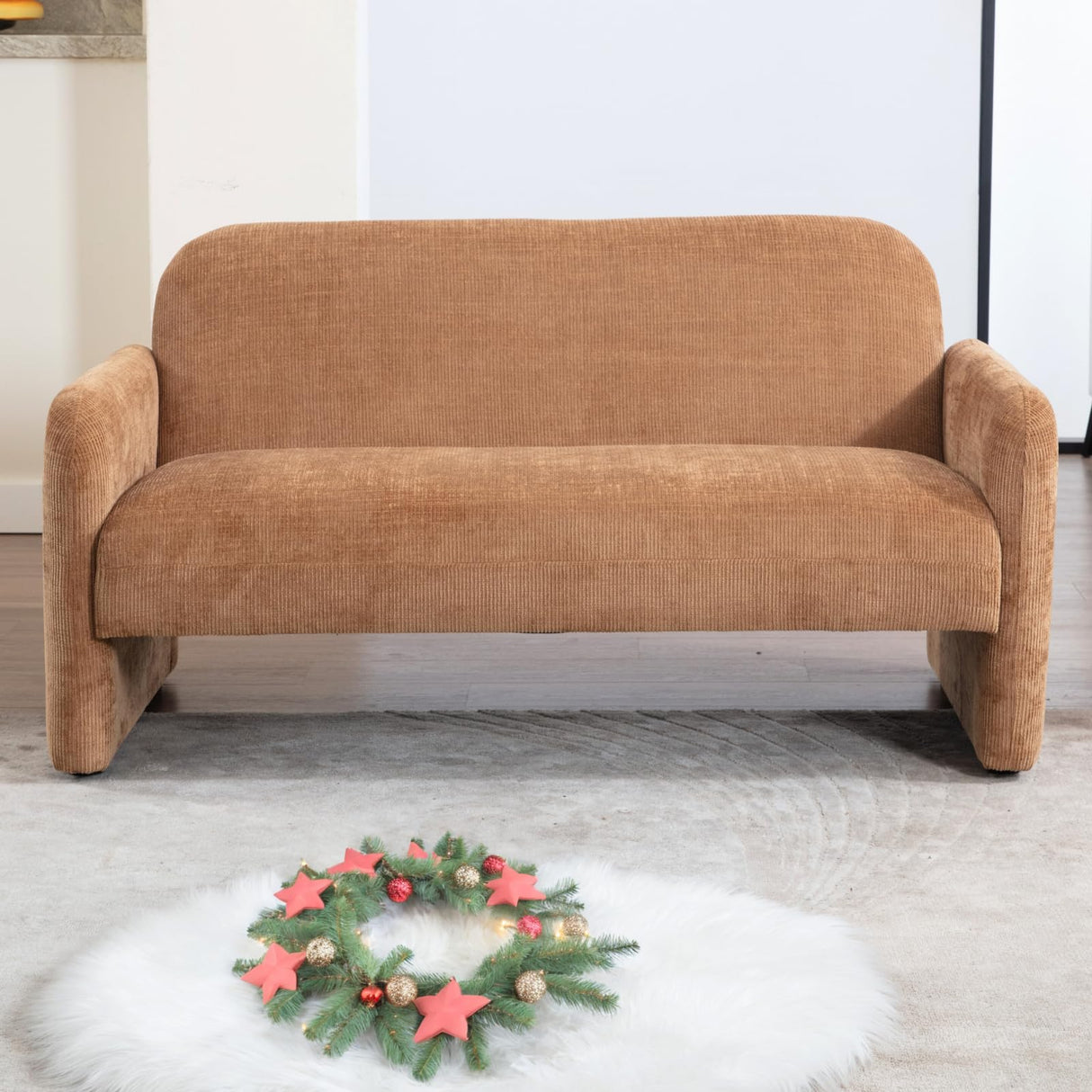 ROCITY Brown Loveseat Sofa 55'' Small Love Seat Couch Chenille Fabric 2 Seater Sofa Couch Comfy Upholstered Modern Leisure Loveseat Couches for Home Living Room Bedroom ROCITY