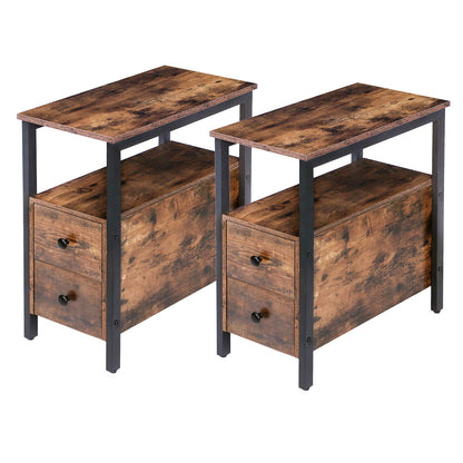 HOOBRO End Tables Set of 2, Narrow Nightstand with Drawers, Narrow Side Table, Bedside Tables for Small Spaces, Living Room, Bedroom, Wooden Look Accent Table, Rustic Brown and Black BF54BZP2 - WoodArtSupply