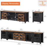 WAMPAT TV Stand Set with Charging Station and Drawers,85 inch Farmhouse Entertainment Center with Sliding Barn Door,Media TV Console with Storage Shelf for Living Room Bedroom，Dark Walnut and Black WAMPAT