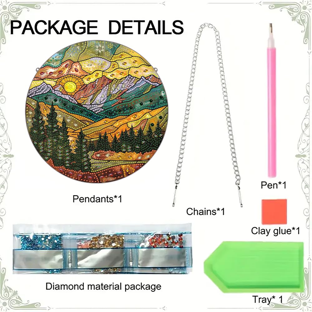 hospitian DIY Hanging Diamond Art Pendant Painting Kit Landscape,Mountain Sunset Diamond Painting Kits for Adults,Special Crystal Gem Craft Painting Kit Ornament 9.4x9.4inch hospitian