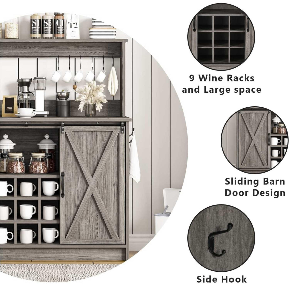 4ever2buy Farmhouse Coffee Bar Cabinet with Sliding Barn Doors, 50 Inch Coffee Bar Hutch with 6 Hooks and 9 Mug Rack, Hutch Cabinet with Storage for Living Room 4ever2buy