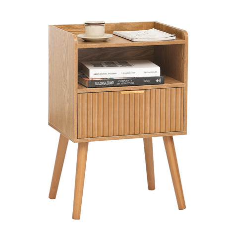 AWASEN Fluted Nightstand, Mid Century Modern Bedside Table with Storage Drawers, Wood Night Stand Bed Side Table with Solid Wood for Living Room, Bedroom, Office and Small Space (Brown) AWASEN