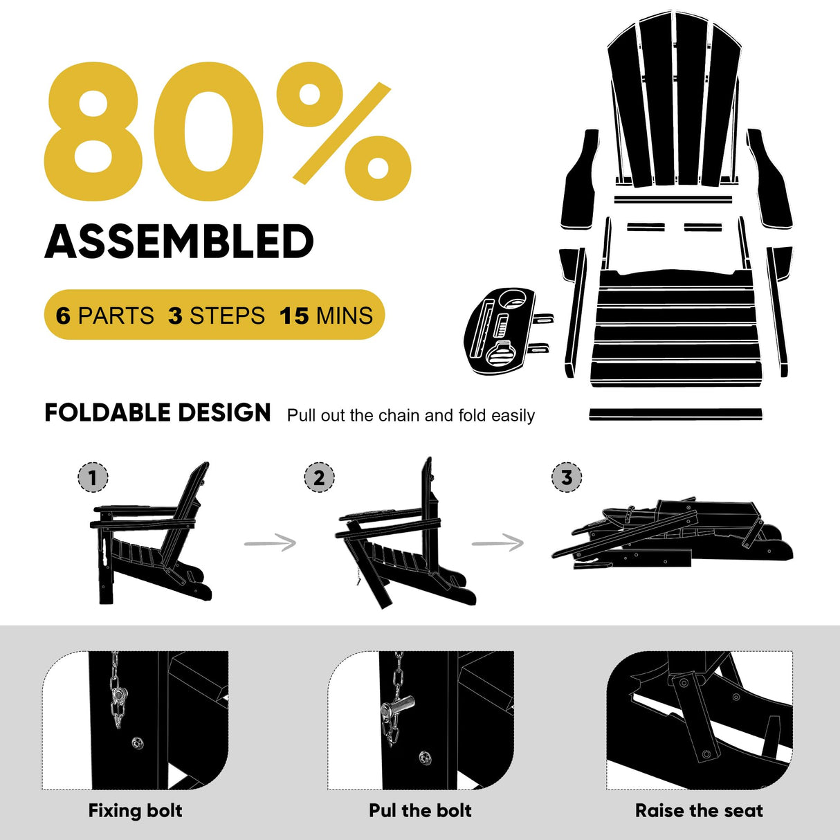 NAVINE Adirondack Chair Set of 4, HDPE Folding Adirondack Chair with Multifunctional Cup Holder, Weather Resistant Fire Pit Chair for porches, patios, poolsides, Decks. NAVINE