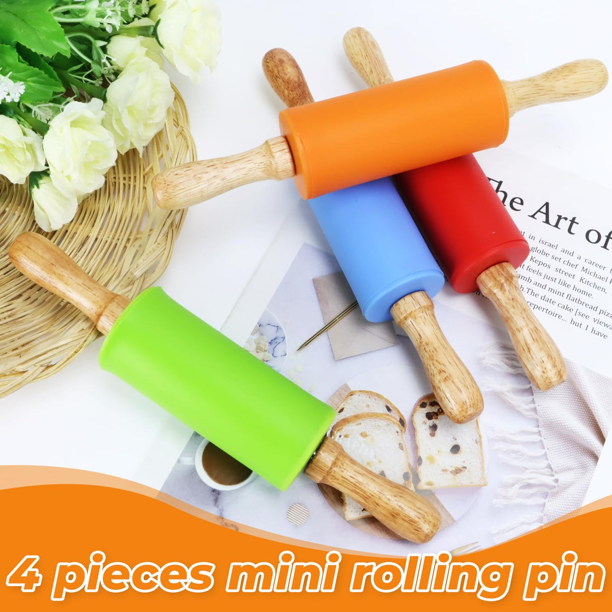 Faxco 4 Pack Mini Rolling Pin for Kids, 9 Inch Wooden Handle Rolling Pin Non-Stick Silicone Rolling Pins for Children Cake Baking Faxco