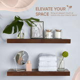 Homeforia Rustic Farmhouse Floating Shelves, Bathroom Wooden Shelves for Wall Mounted, Thick Industrial Kitchen Wood Shelf - 24 x 6.5 x 1.75 inch - Set of 2 - American Walnut Color Homeforia