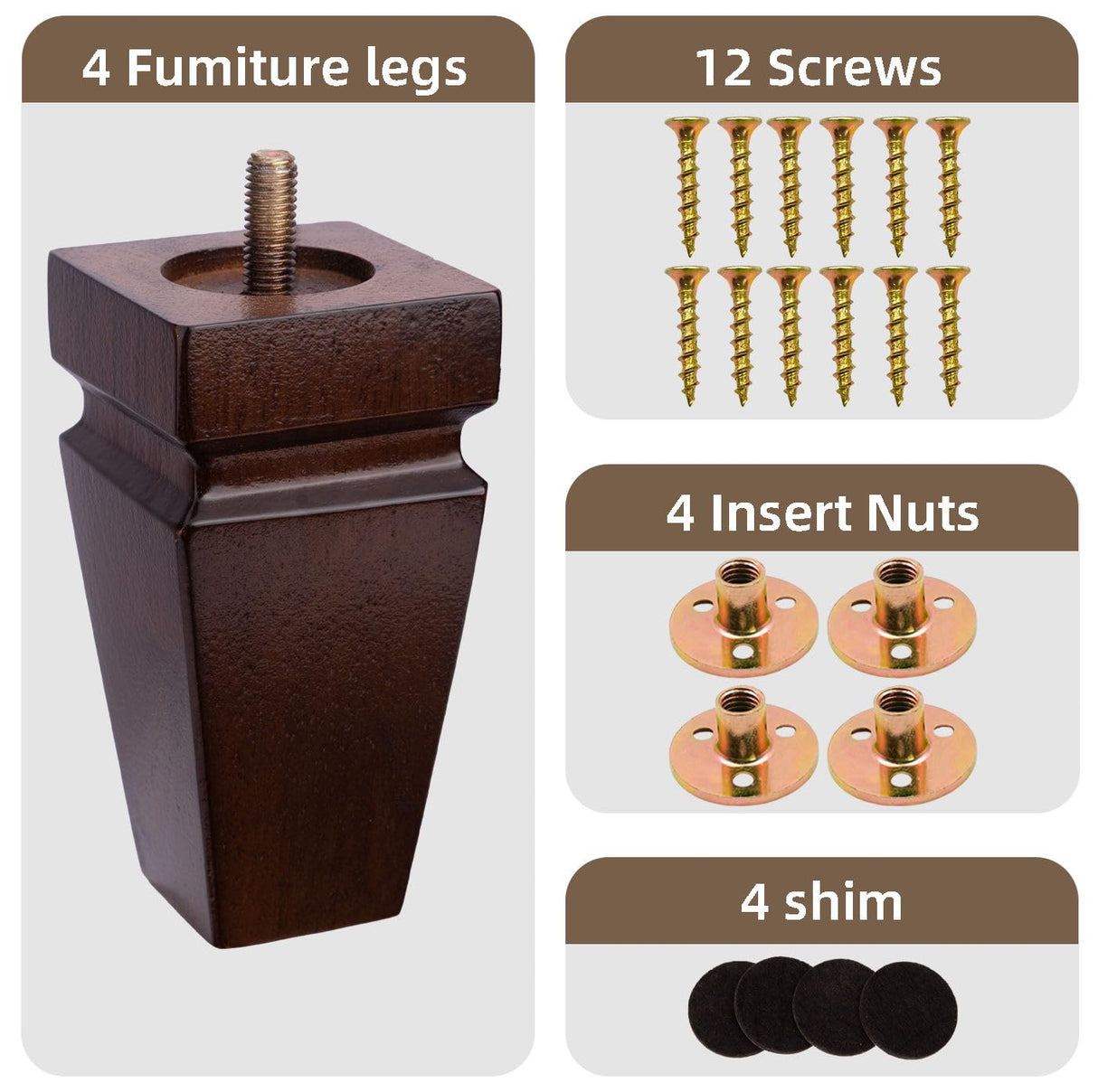 Square Wood Furniture Legs Set of 4 - Wooden Replacement Feet for Couch, Bed, Bench, Dresser, Rubber Wood Parts for Table, Sofa, Wooden Legs Chairs Complete with Installation Hardware (Brown, 5 inch) Texphw