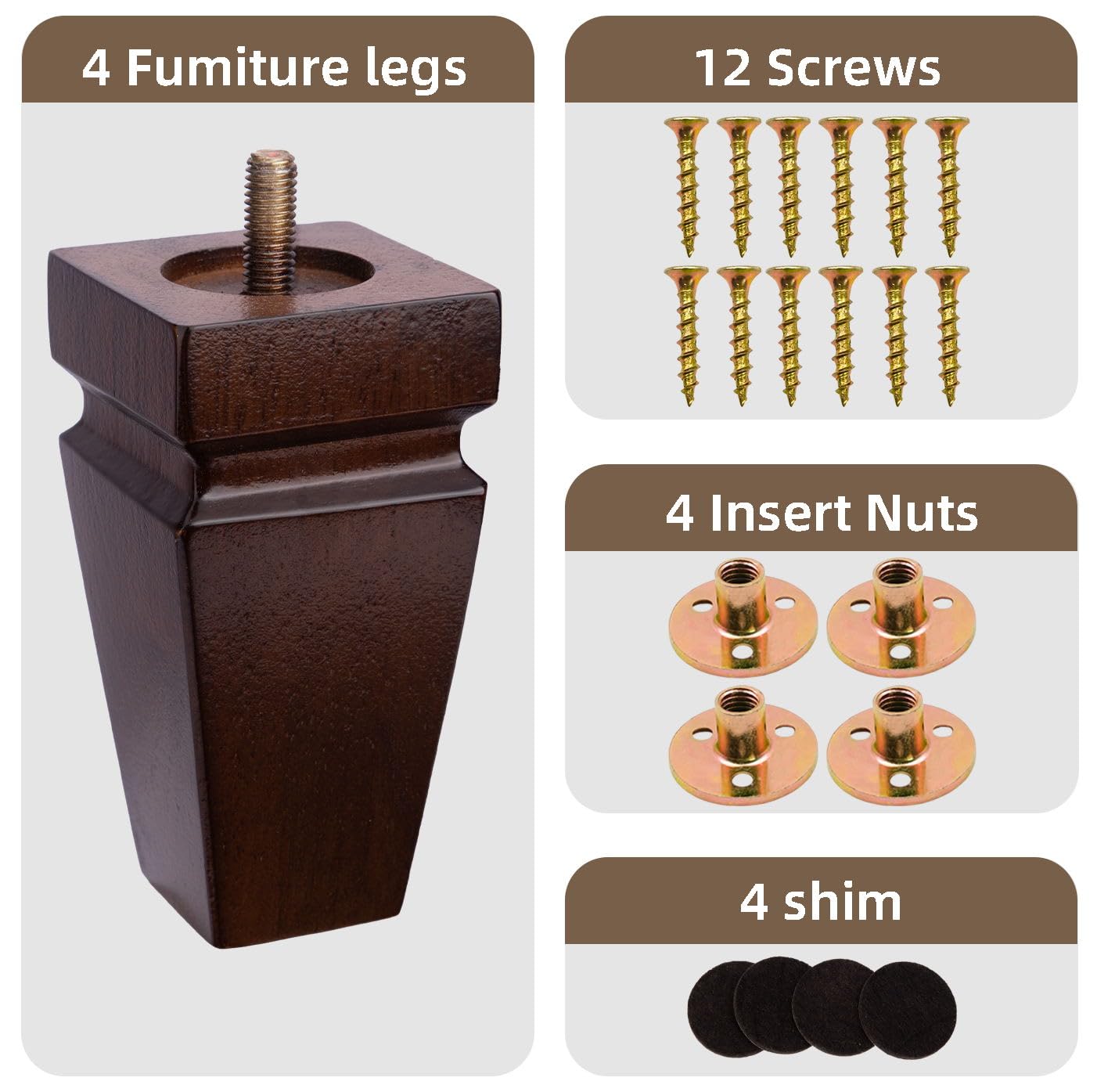 Square Wood Furniture Legs Set of 4 - Wooden Replacement Feet for Couch, Bed, Bench, Dresser, Rubber Wood Parts for Table, Sofa, Wooden Legs Chairs Complete with Installation Hardware (Brown, 5 inch)