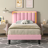 IMMERSTABLE Pink Twin Size Bed Frame with LED Headboard, Pink Upholstered Bed Frame with Double Leather Headboard, Heavy Duty Wood Slats Support, Noise-Free, No Box Spring Needed, Easy Assembly, Pink IMMERSTABLE