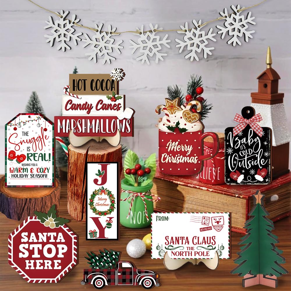 Quimoy 19 Pcs Christmas Tiered Tray Decor, Winter Tiered Tray Decorations Set Snowflake Candy Canes Xmas Tree Wooden Sign, Christmas Table Decor for Home Kitchen, Rustic Farmhouse Party Favors Quimoy