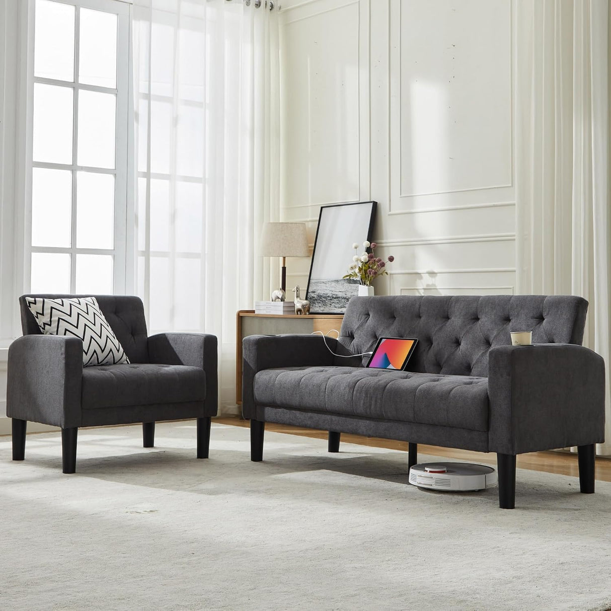 TYBOATLE Mid-Century Modern Tufted Loveseat Sofa Set w/ 2 USB & 2 Cupholders, 2 Piece Living Room Furniture Sets, Small Love Seat Couches for Small Space Apartment Bedroom Office(Dark Gray) TYBOATLE