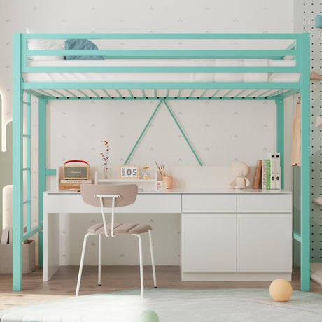 Allewie Metal Loft Bed Twin Size with Guardrail and Ladder, Small Space Saving Design for Bedroom Kid Room and Dorm, No Box Spring Needed, Green Allewie