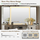 T4TREAM Corner Vanity Desk with Mirror and Lights, Makeup Desk with 3 Way Mirror and Lights, Farmhouse Vanity Table with Charging Station & Glass Top, 48" Vanity Desk with 3 Drawers(Light Rustic Oak) T4TREAM