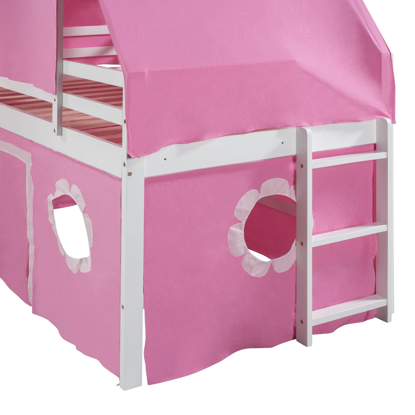 RuiSiSi Twin Loft Bed Frame with Slide Wood House Loft Bed with Ladder, Windows and Tent and Slide for Kids Bedroom, No Box Spring Needed, Pink