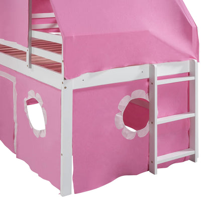 Polibi Twin Size Castle Loft Bed with Slide & Pink Tent and Tower, Playhouse Design Spacious Under Bed Space with Curtains, Wood Tent Bed Frame for Kids Boys Girls