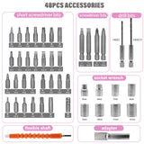 Electric Screwdriver Pink Power Drill Set for Women, 47-In-1 Screwdriver and Drill Set Rechargeable, Multifunctional Cordless 4V Electric Automatic Screwdriver Drill with Battery and Charger Home DIY Tsisixia